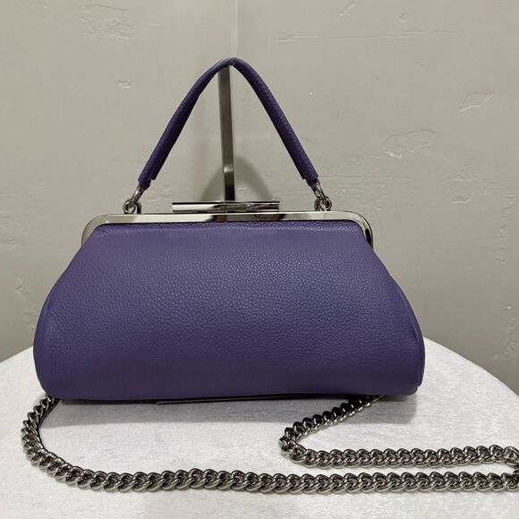 Purple Pebble Calfskin Leather Handmade Push Lock Baguette Bag, Multi Use Style - Picture 5 of 15